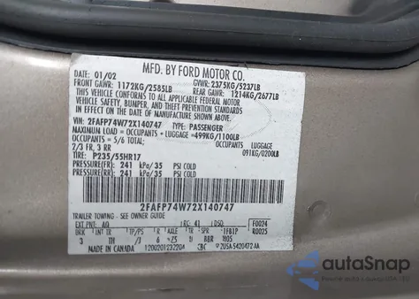 2002 Ford Crown Victoria Lx from USA, damaged, VIN 2FAFP74W72X140747